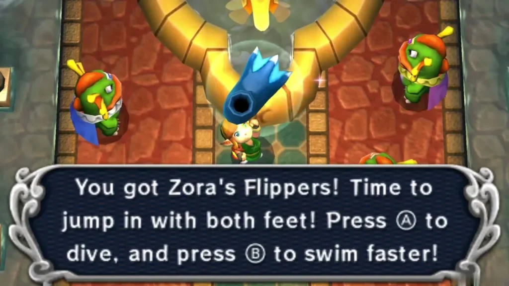 Link holds up Zora's Flippers with the item message box in the Zora Domain Link holds up Zora's Flippers with the item message box in the Zora Domain