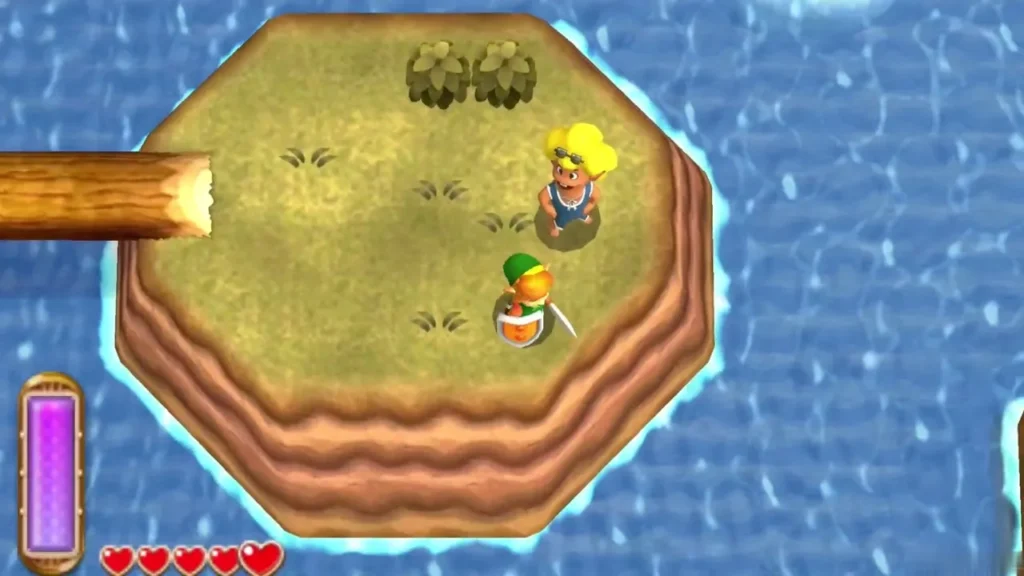 Link standing on a small grassy island in Lake Hylia beside the Swimmer Link standing on a small grassy island in Lake Hylia beside the Swimmer