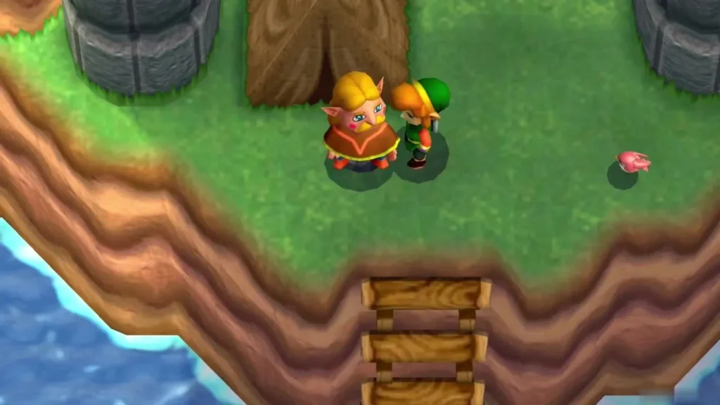 Link stands beside the Bird Lover on the grassy bank by the bridge Link stands beside the Bird Lover on the grassy bank by the bridge
