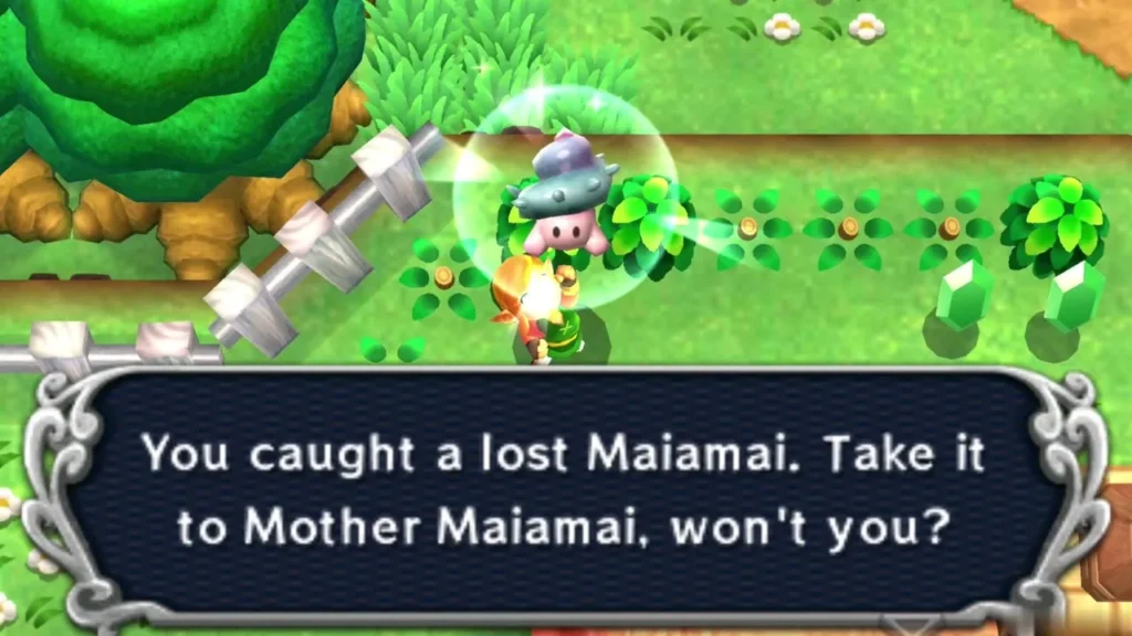 Link lifting a caught Maiamai in a flower field beside a white fence Link lifting a caught Maiamai in a flower field beside a white fence