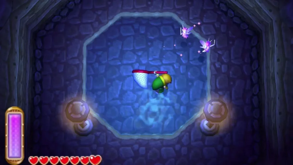 Link swinging his Net over a fairy inside the blue Fairy Fountain Link swinging his Net over a fairy inside the blue Fairy Fountain