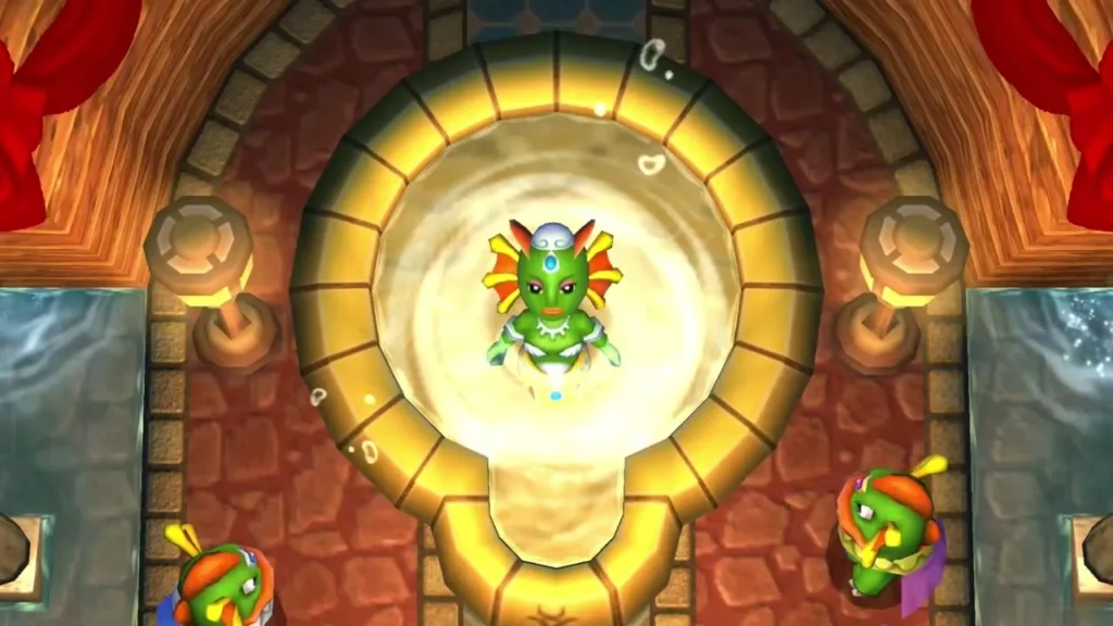 Queen Oren rises in the Zora Domain pool after the gem is thrown in, glowing with light Queen Oren rises in the Zora Domain pool after the gem is thrown in, glowing with light