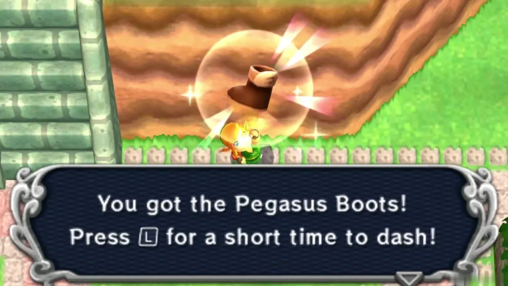 Link receiving the Pegasus Boots with the item name box Link receiving the Pegasus Boots with the item name box