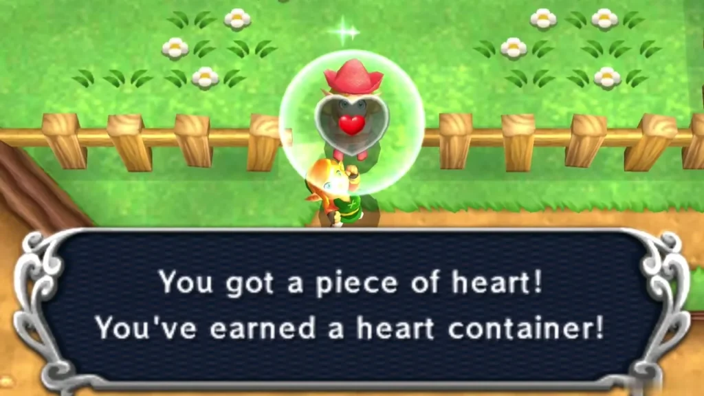 Link raising the Piece of Heart in a bubble after his high score in Rupee Rush Link raising the Piece of Heart in a bubble after his high score in Rupee Rush