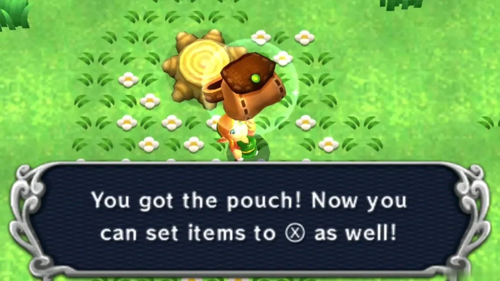 Link holds up the pouch by the tree stump, the box says he can set items to X as well Link holds up the pouch by the tree stump, the box says he can set items to X as well