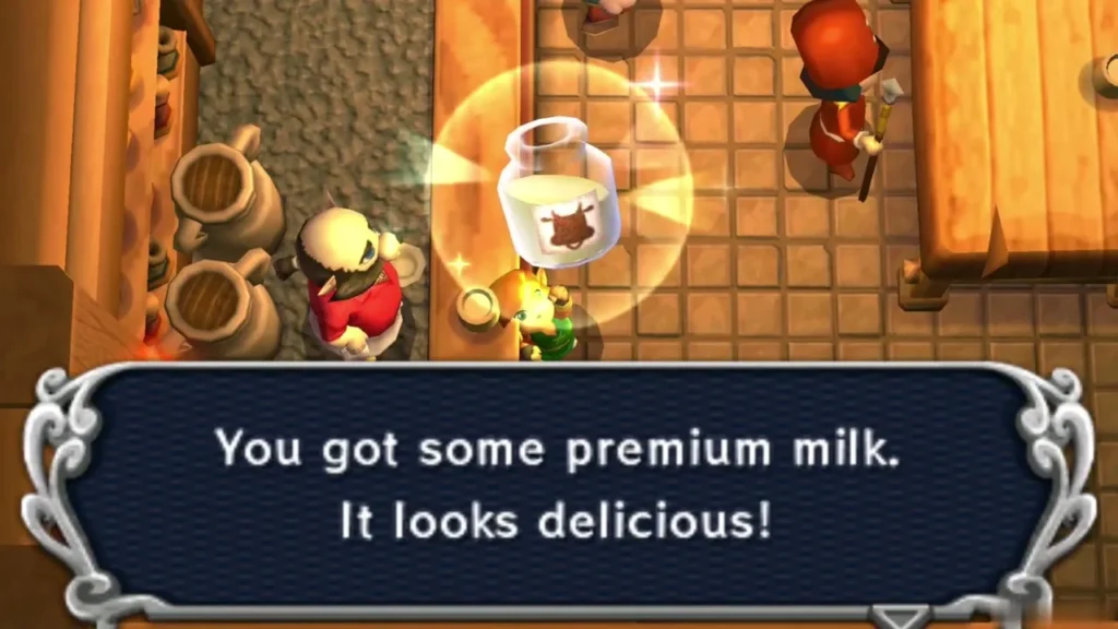 Link holds up a glass of Premium Milk after receiving it Link holds up a glass of Premium Milk after receiving it