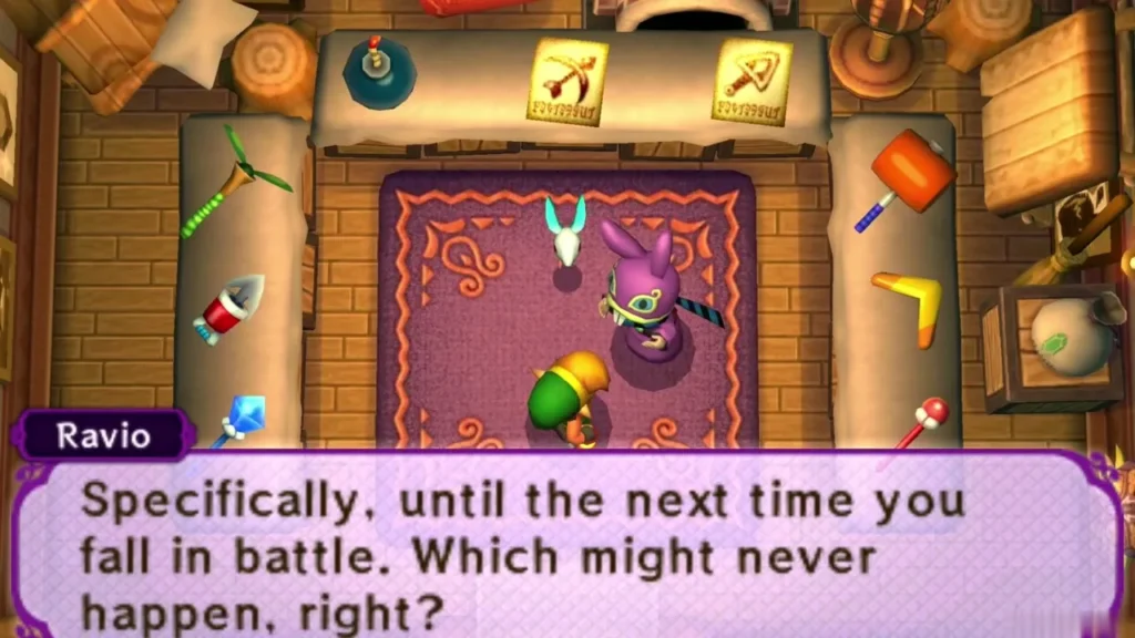 Ravio explains that rented items last until Link next falls in battle Ravio explains that rented items last until Link next falls in battle