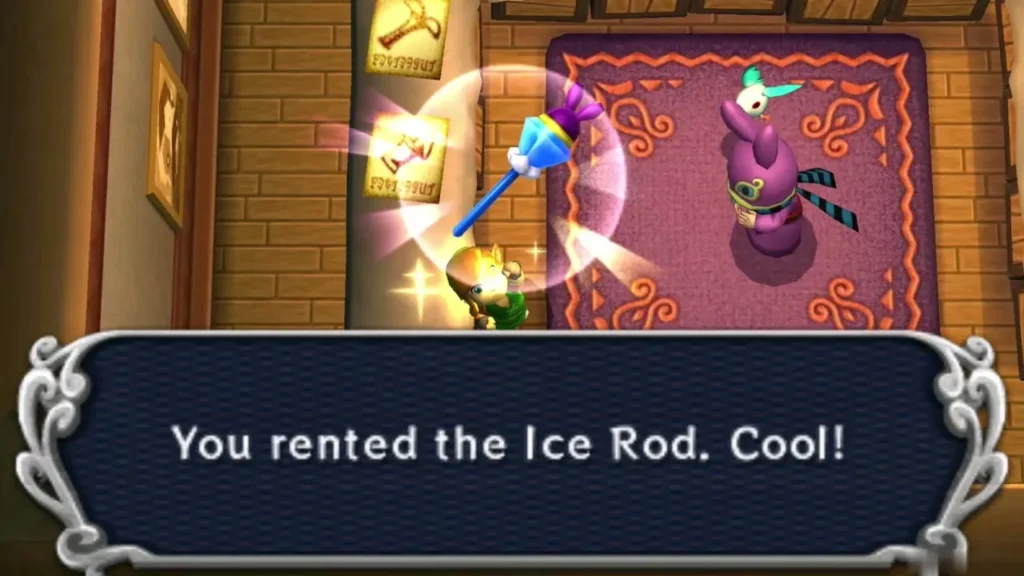 Link raises the rented Ice Rod in Ravio's shop, with the box saying he rented it Link raises the rented Ice Rod in Ravio's shop, with the box saying he rented it