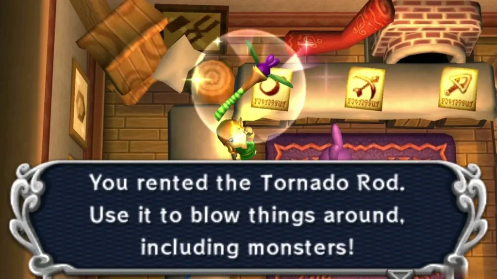 Link holds up the rented Tornado Rod in Ravio's shop, with the box saying it blows monsters around Link holds up the rented Tornado Rod in Ravio's shop, with the box saying it blows monsters around