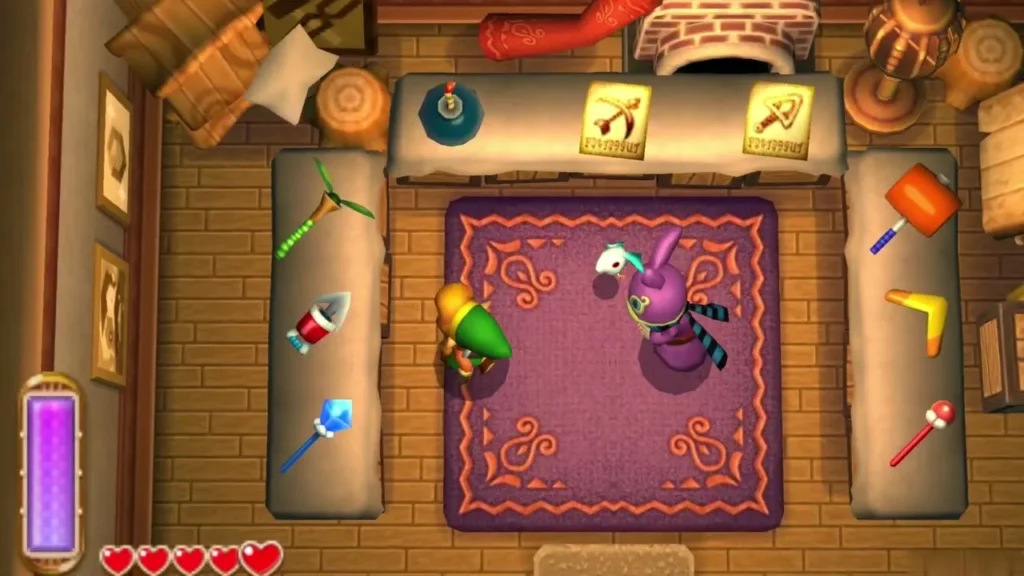 Link in Ravio's shop beside the rentable items, with the energy gauge at left Link in Ravio's shop beside the rentable items, with the energy gauge at left