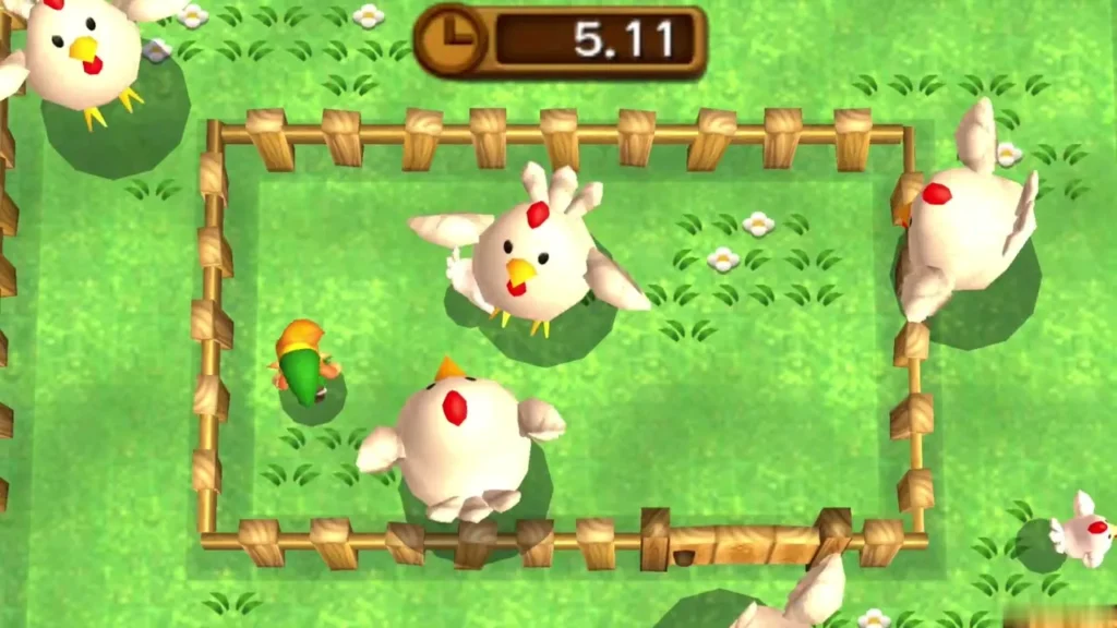 Link herding large roosters inside the pen during the Rooster level Link herding large roosters inside the pen during the Rooster level