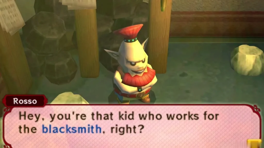 Rosso the miner standing in his house among the rocks, asking if Link works for the blacksmith Rosso the miner standing in his house among the rocks, asking if Link works for the blacksmith