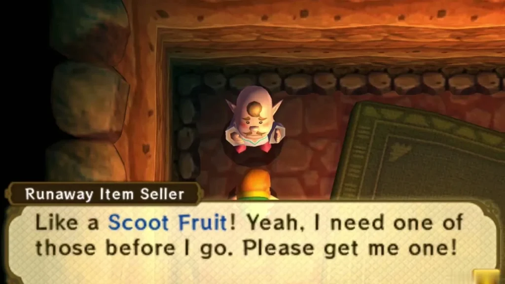 Runaway Item Seller asking Link to bring him a Scoot Fruit before he goes Runaway Item Seller asking Link to bring him a Scoot Fruit before he goes