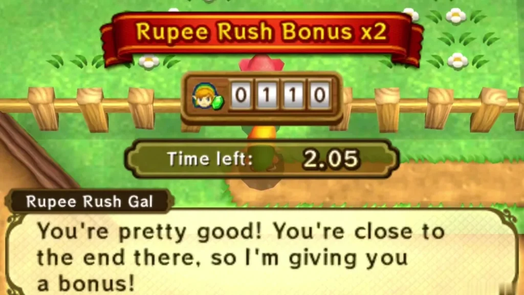 Rupee Rush Bonus x2 banner with 110 Rupees on the counter and the Gal bonus message Rupee Rush Bonus x2 banner with 110 Rupees on the counter and the Gal bonus message