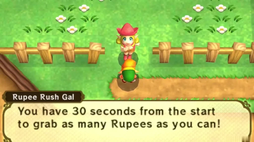 Rupee Rush Gal explaining that Link has 30 seconds to grab as many Rupees as he can Rupee Rush Gal explaining that Link has 30 seconds to grab as many Rupees as he can