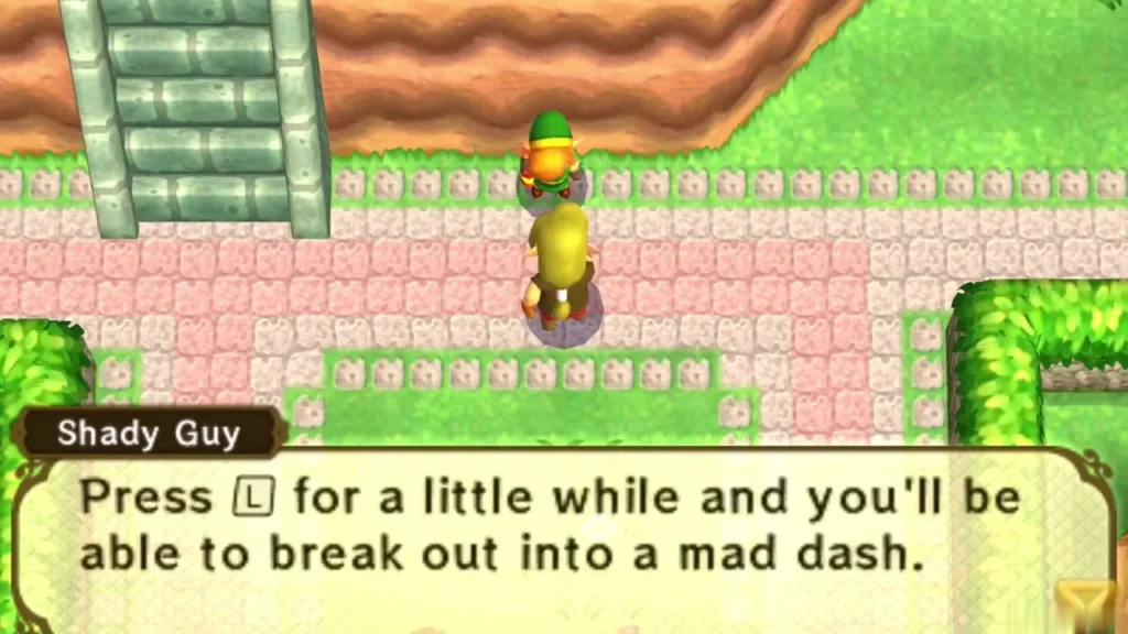 Shady Guy explaining that holding L briefly lets Link break into a mad dash Shady Guy explaining that holding L briefly lets Link break into a mad dash