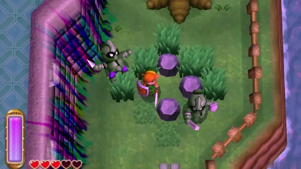 Link swinging his sword at a soldier beside the purple rocks Link swinging his sword at a soldier beside the purple rocks