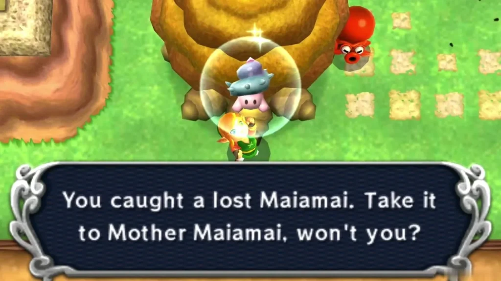 Link by a giant tree stump holding a lost Maiamai in a bubble under the catch message Link by a giant tree stump holding a lost Maiamai in a bubble under the catch message