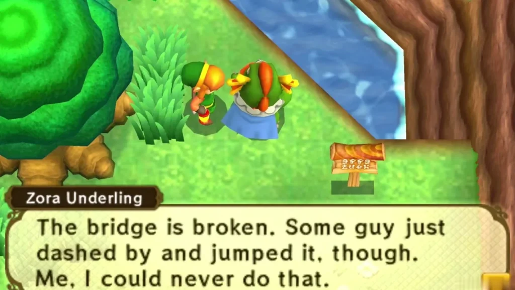 A Zora underling by the river says the bridge is broken A Zora underling by the river says the bridge is broken
