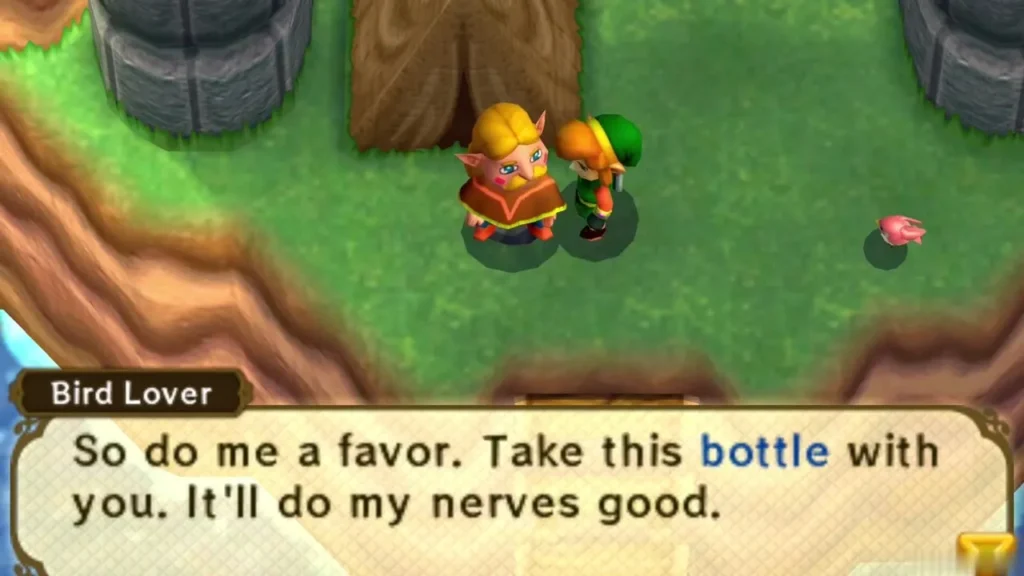 The Bird Lover asking Link to take a bottle with him The Bird Lover asking Link to take a bottle with him