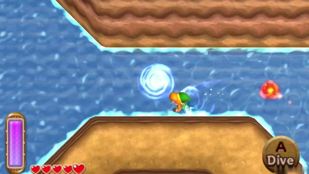 Link swimming along the river beside a sandy bank and a fire enemy Link swimming along the river beside a sandy bank and a fire enemy