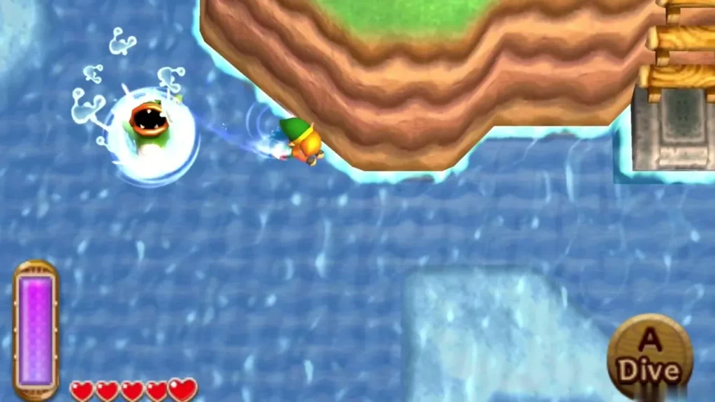 Link swimming on the river past a spiky enemy in a bubble Link swimming on the river past a spiky enemy in a bubble