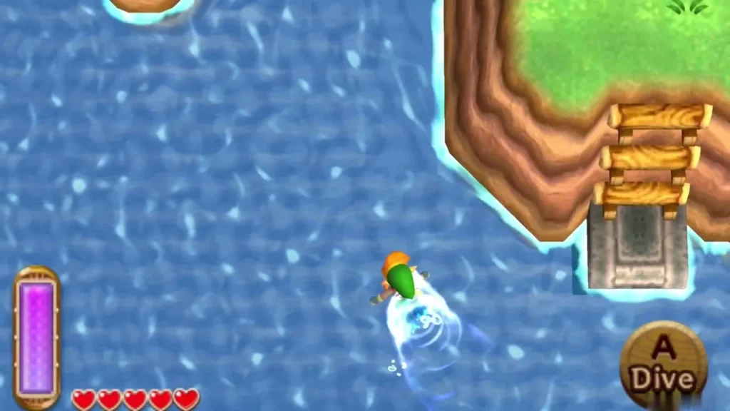 Link swimming across the river near a wooden dock Link swimming across the river near a wooden dock