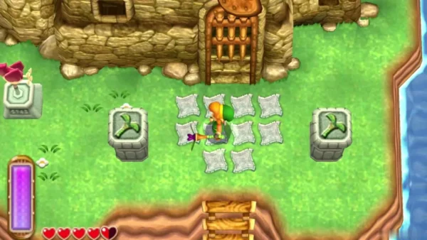 Link with the Tornado Rod among the grey tiles in front of the windmill building Link with the Tornado Rod among the grey tiles in front of the windmill building