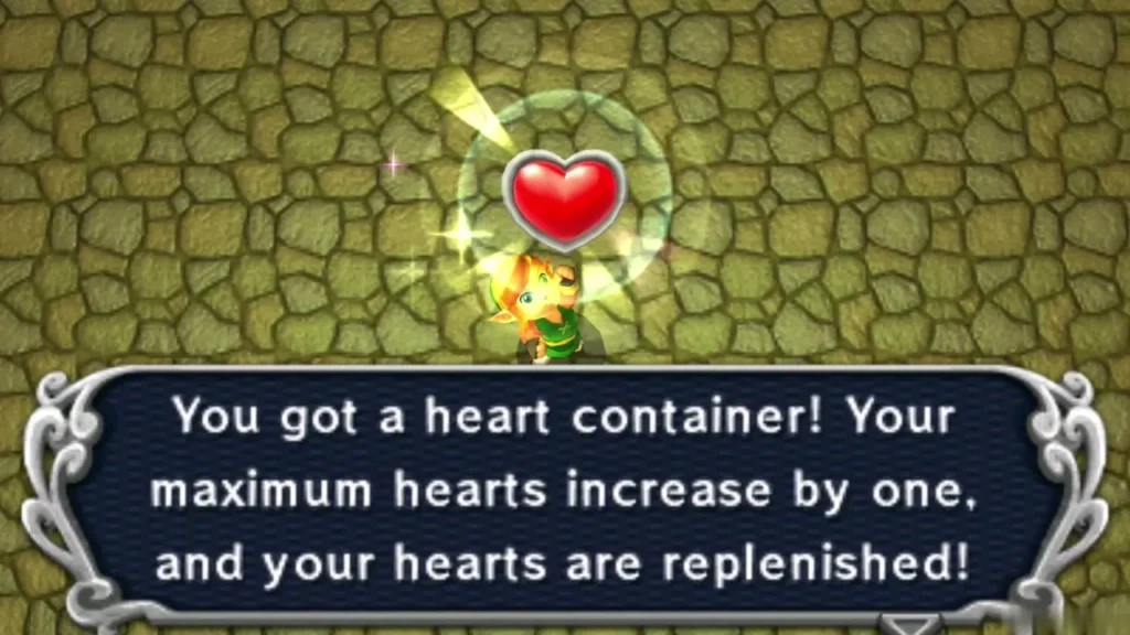 Link holding up a Heart Container, the box saying maximum hearts increase by one Link holding up a Heart Container, the box saying maximum hearts increase by one