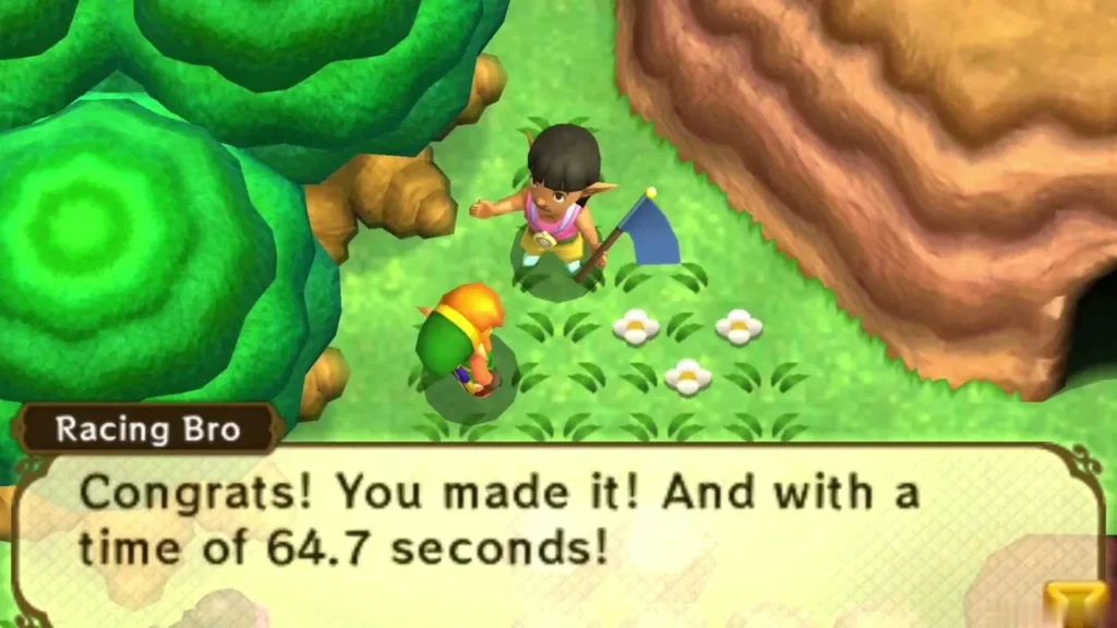 Racing Bro congratulating Link on finishing the Hyrule Hotfoot race in 64.7 seconds Racing Bro congratulating Link on finishing the Hyrule Hotfoot race in 64.7 seconds