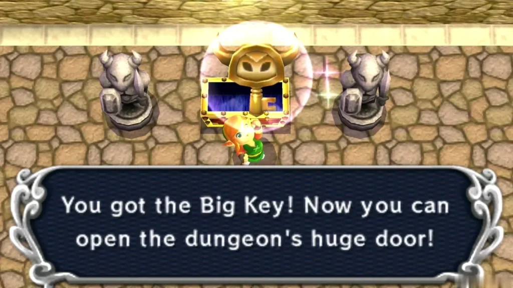 Link holding up the Big Key, the box says it opens the dungeon's huge door Link holding up the Big Key, the box says it opens the dungeon's huge door