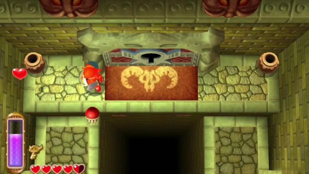 Link standing before the carpeted boss door with its keyhole above Link standing before the carpeted boss door with its keyhole above