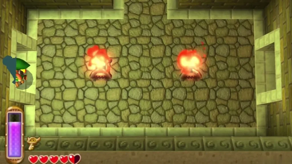 Both torches burning in the room while Link stands merged into the left wall Both torches burning in the room while Link stands merged into the left wall