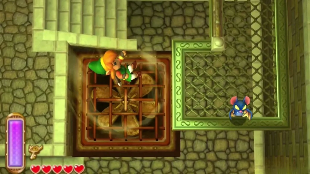 Link standing on a spinning fan set in a grated pit, a blue Keese nearby Link standing on a spinning fan set in a grated pit, a blue Keese nearby