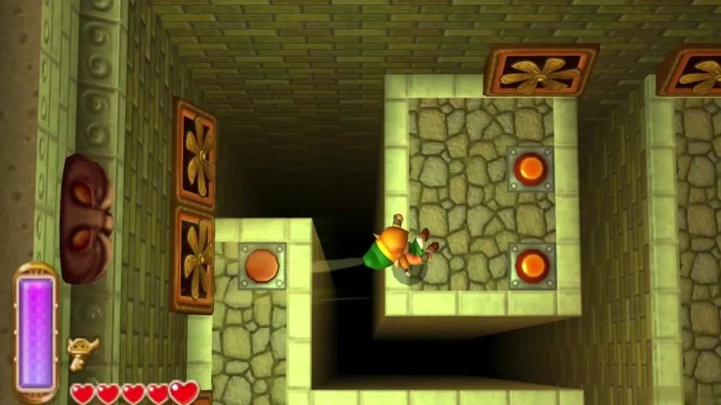 Link standing on a stone ledge with orange floor buttons and fan panels on the walls Link standing on a stone ledge with orange floor buttons and fan panels on the walls