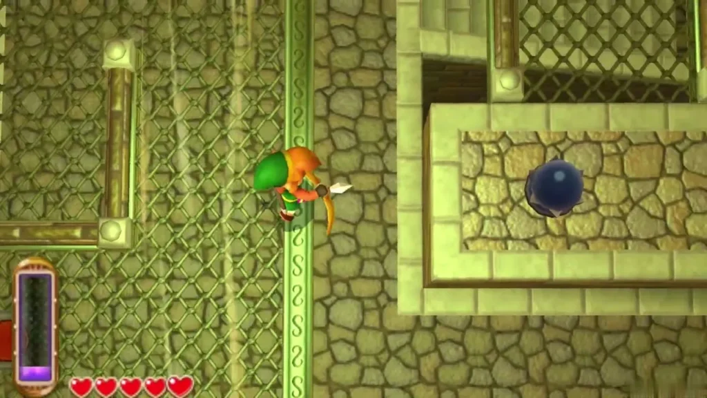 Link standing in the wind of the big fan beside a green-lined wall Link standing in the wind of the big fan beside a green-lined wall