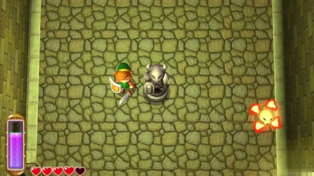 Link with his sword beside a stone statue and a burning Fire Bubble Link with his sword beside a stone statue and a burning Fire Bubble
