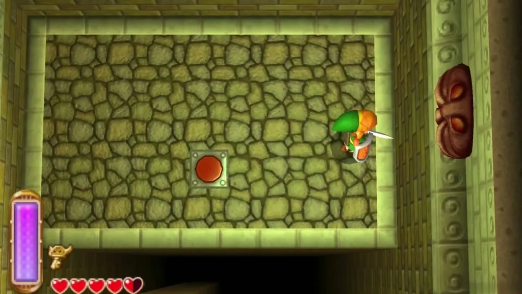 Link with sword drawn in a stone room beside a red floor button Link with sword drawn in a stone room beside a red floor button