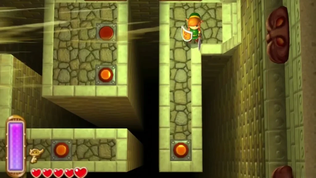 Link on a raised walkway beside a row of orange floor buttons in the fan room Link on a raised walkway beside a row of orange floor buttons in the fan room