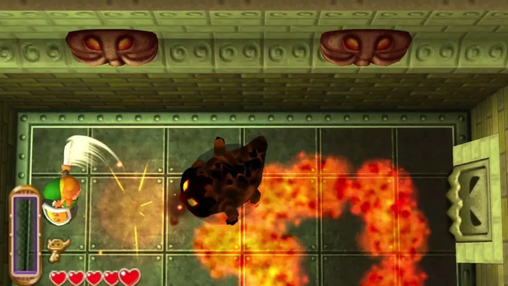 Link slashing at a Heedle while lava pools spread across the floor Link slashing at a Heedle while lava pools spread across the floor