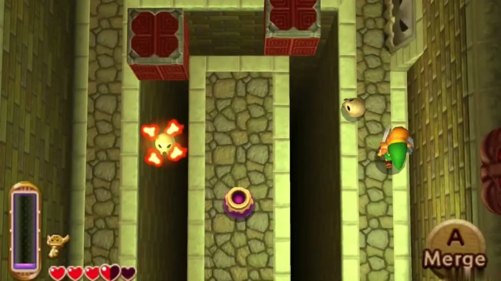 Link beside the wall with the Merge prompt showing above a pit Link beside the wall with the Merge prompt showing above a pit