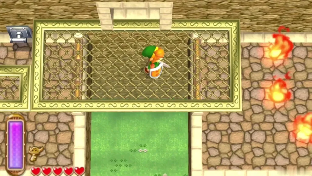Link standing on a lattice platform moving along the outer wall Link standing on a lattice platform moving along the outer wall