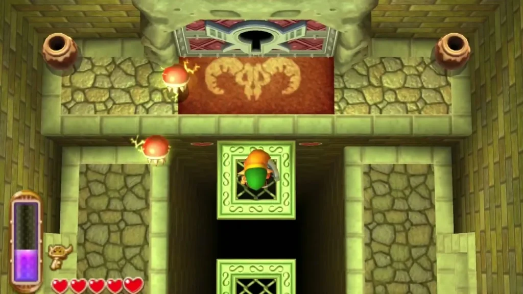 Link riding the moving platform toward the boss door past a Red Bari Link riding the moving platform toward the boss door past a Red Bari