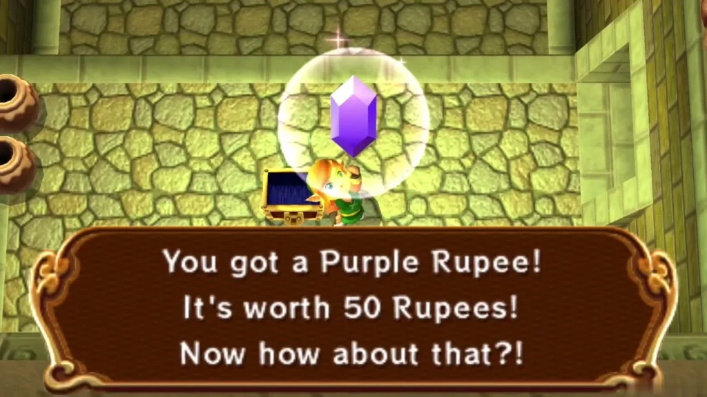 Link holding up a Purple Rupee worth 50 Rupees, with its name box on screen Link holding up a Purple Rupee worth 50 Rupees, with its name box on screen