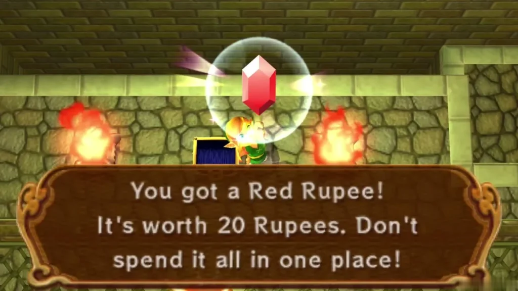 Link holding up a Red Rupee in the torch room under the item name box Link holding up a Red Rupee in the torch room under the item name box