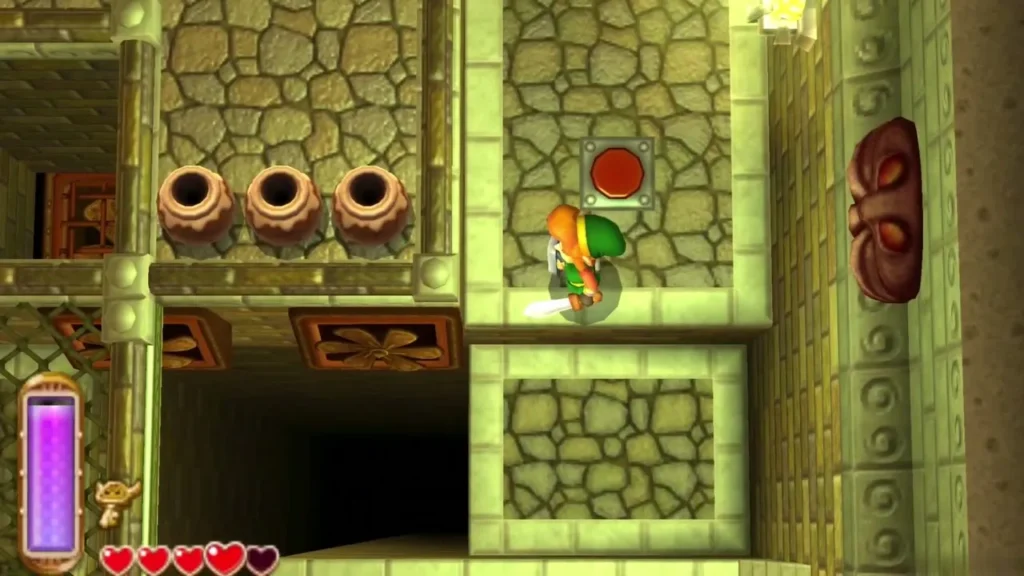 Link facing a red floor switch beside a row of clay pots in the fan room Link facing a red floor switch beside a row of clay pots in the fan room
