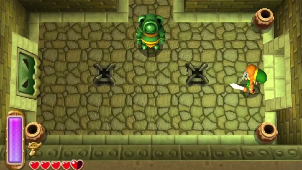 Link facing a green Eyegore across a stone room with two dark spiked traps on the floor Link facing a green Eyegore across a stone room with two dark spiked traps on the floor