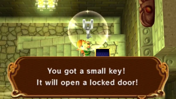 Link holding up a small key in a box that says it opens a locked door Link holding up a small key in a box that says it opens a locked door