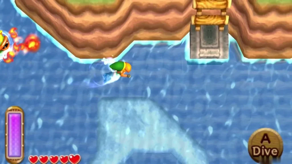 Link swimming across Lake Hylia toward the windmill island Link swimming across Lake Hylia toward the windmill island