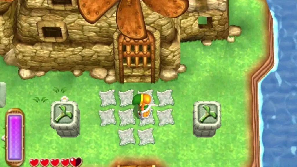 Link standing among stone tiles in front of the House of Gales door Link standing among stone tiles in front of the House of Gales door